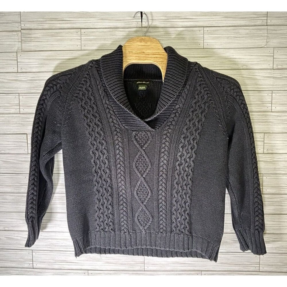 Eddie Bauer Womens X- Large Blue Cable‎ Knit Shawl Neck Cotton Pullover Sweater